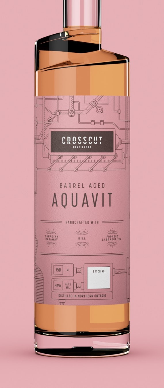 3D rendering of pink Crosscut Distillery's Barrel Aged Aquavit branded labels
