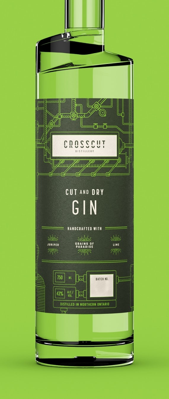 Close up of pipework details on Crosscut Distillery's Cut and Dry bottle with dark green labels affixed