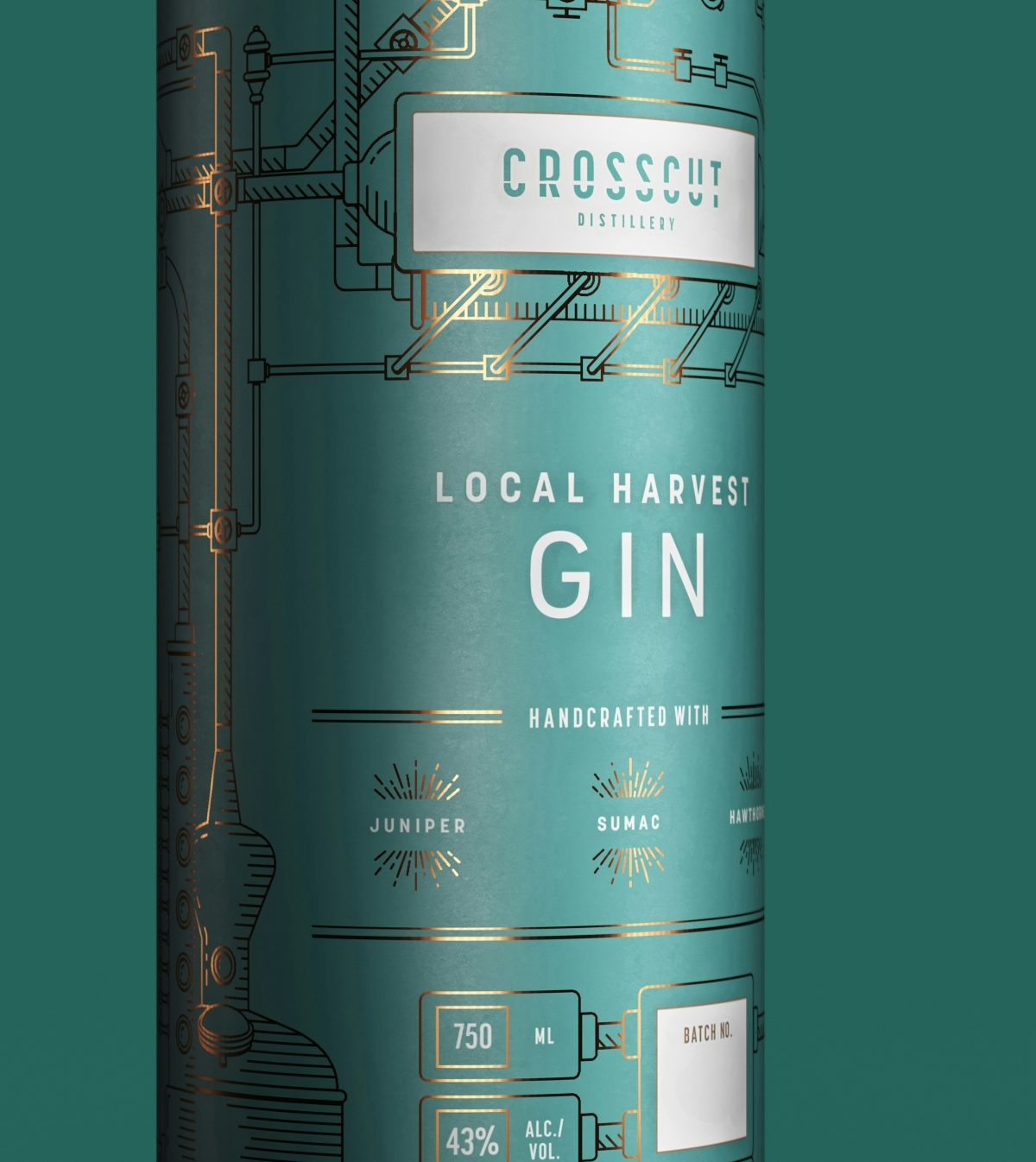Turquoise Local Harvest Gin label from Crosscut Distillery rotating with light shimmering off the label, exposing reflective ink details