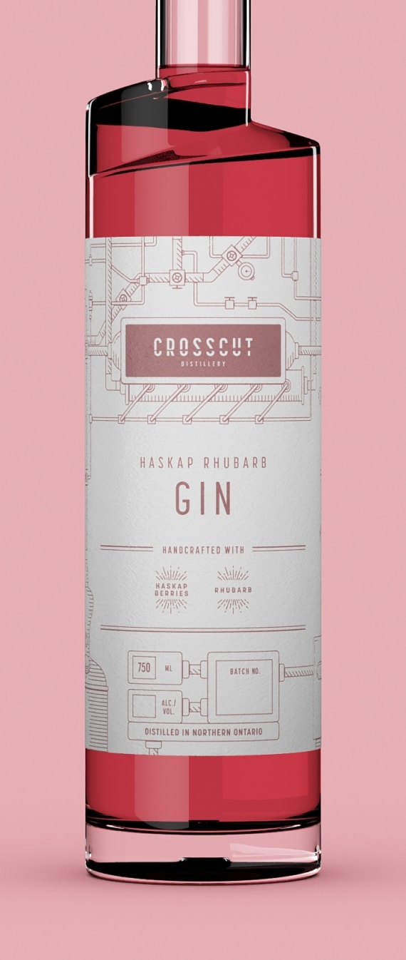 3D model of Crosscut Distillery's Haskap Rhubarb bottle with white labels affixed