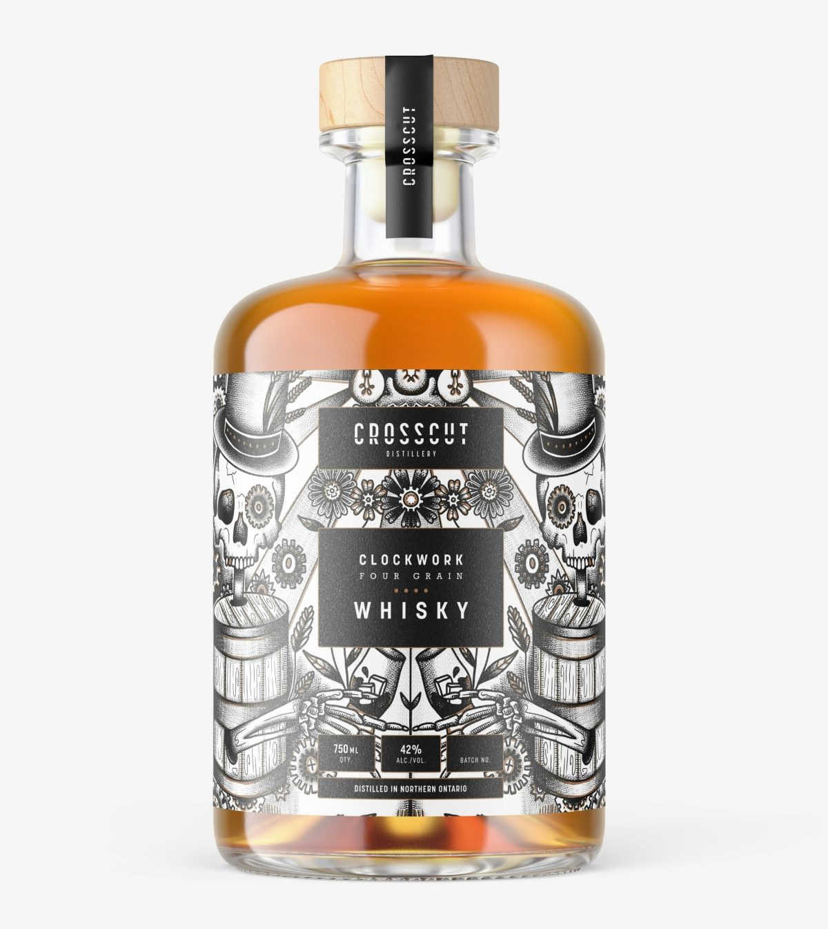 3D model of Crosscut Distillery's Clockwork Four Grain Whisky Gin bottle with black and white labels affixed
