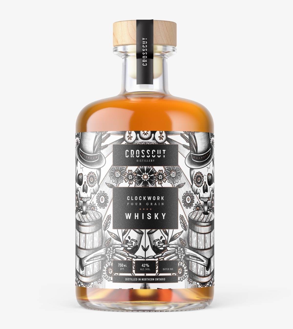 3D model of Crosscut Distillery's Clockwork Four Grain Whisky Gin bottle with black and white labels affixed