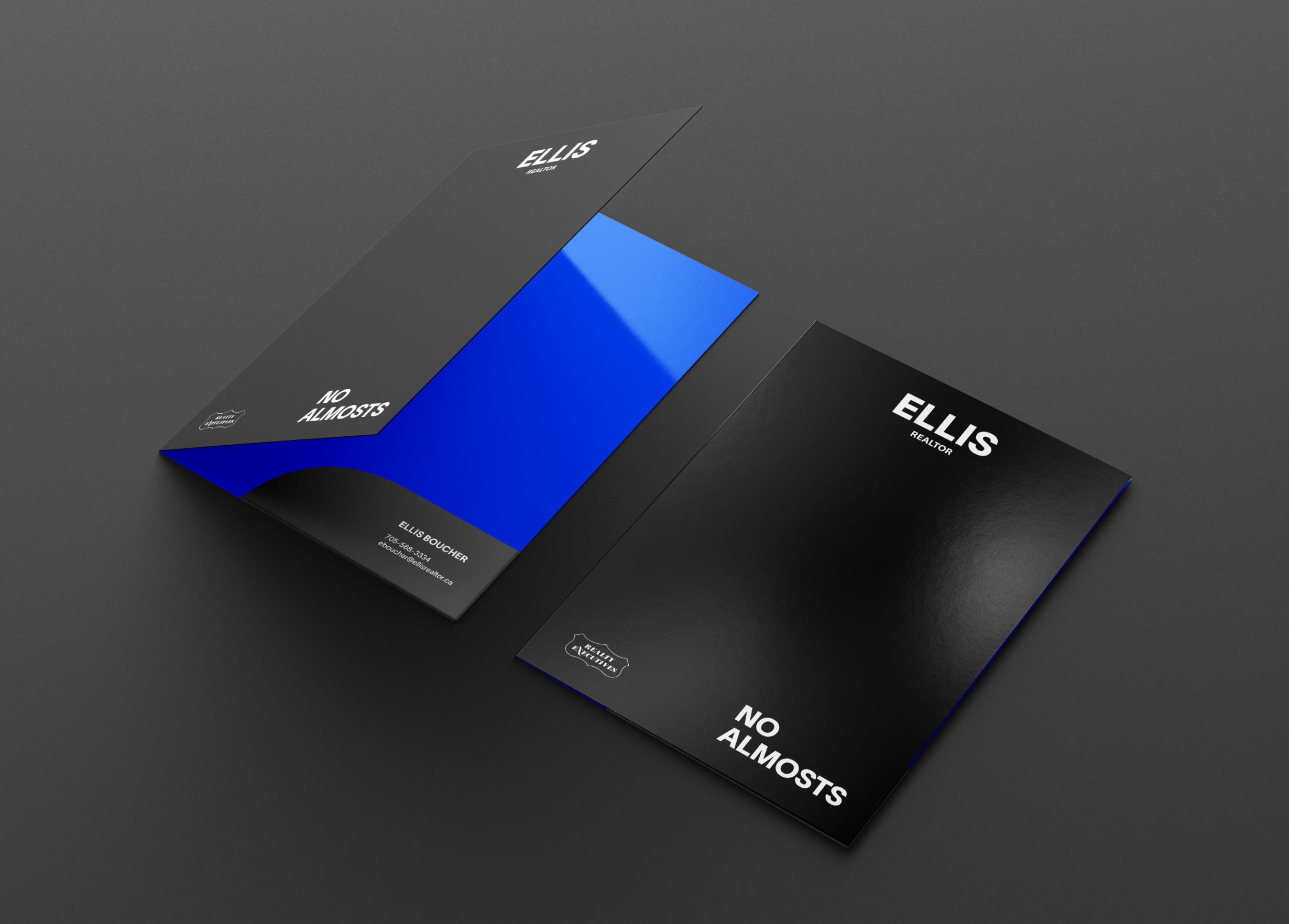 A stylish black and blue folder showcasing the Ellis Realtor logo, designed for professional use.