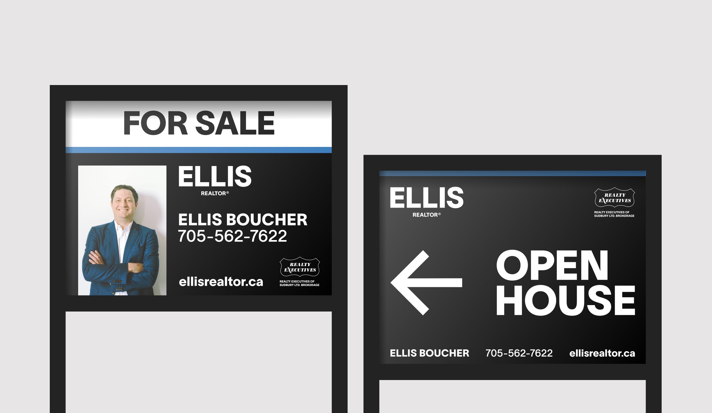 Two signs advertising an open house next to an Ellis Boucher real estate sign, highlighting available properties and agent information.