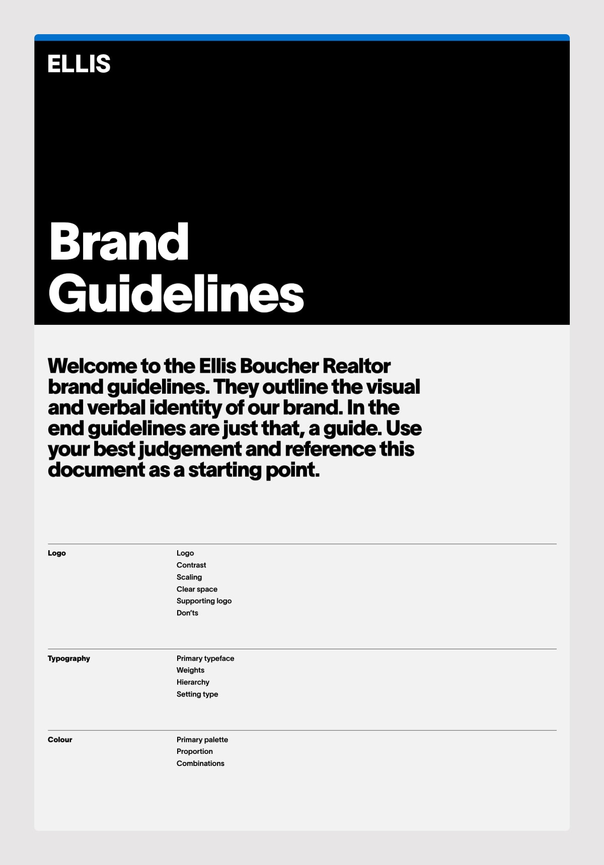 Brand guidelines webpage for Ellis Bochner Health, designed by Studio123, showcasing visual identity and standards.