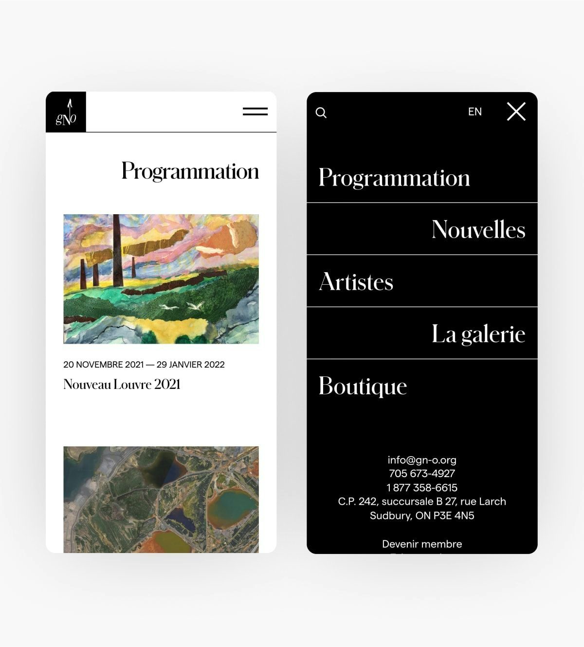 Side by side mobile mockups from the GNO website's Programmation page 