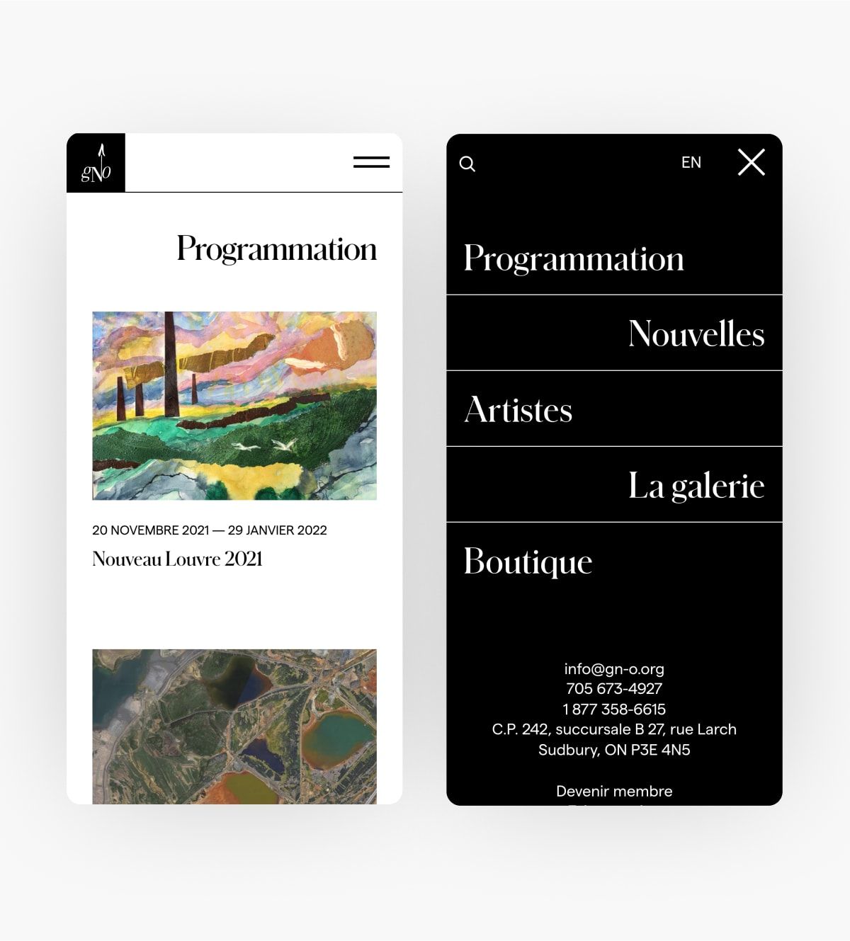 Side by side mobile mockups from the GNO website's Programmation page