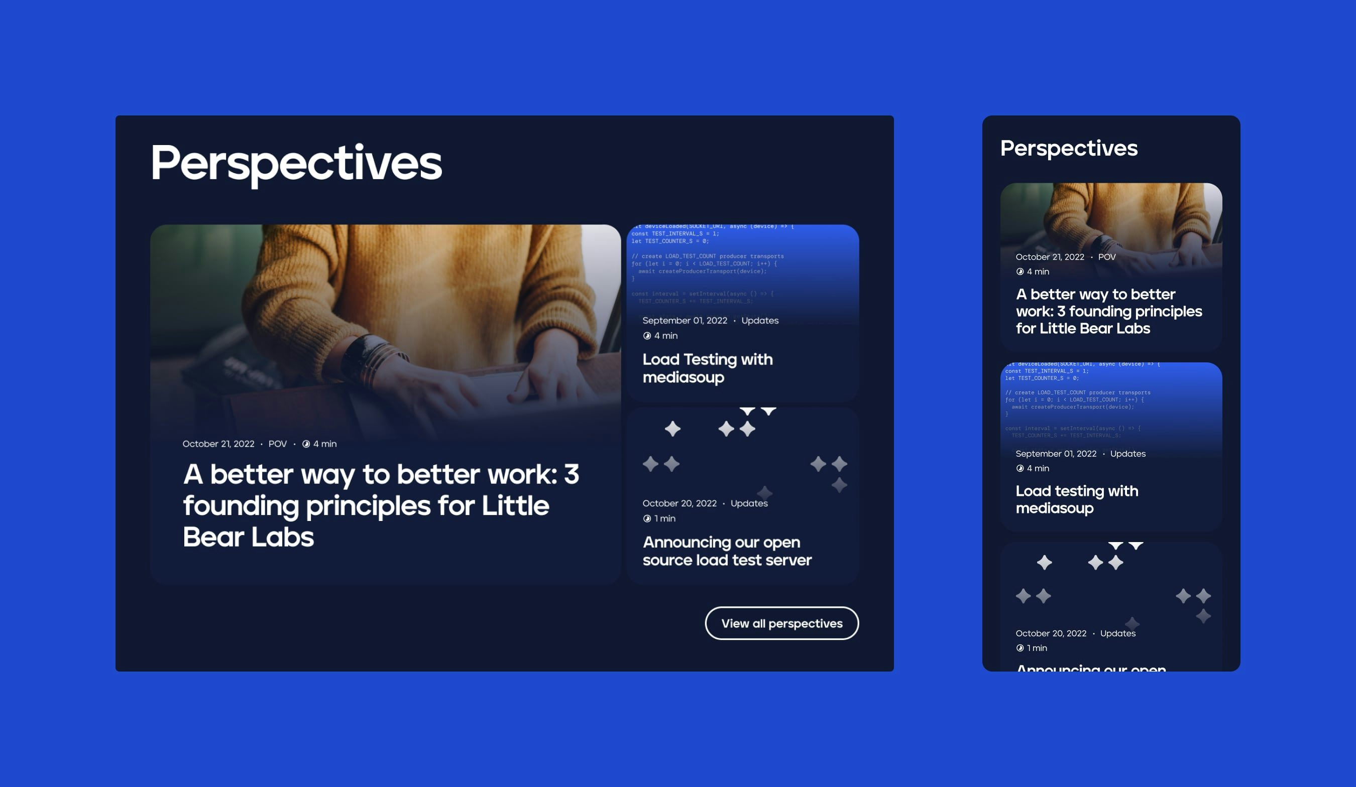 Mockup of Perspectives panel on Little Bear Labs in desktop and mobile views