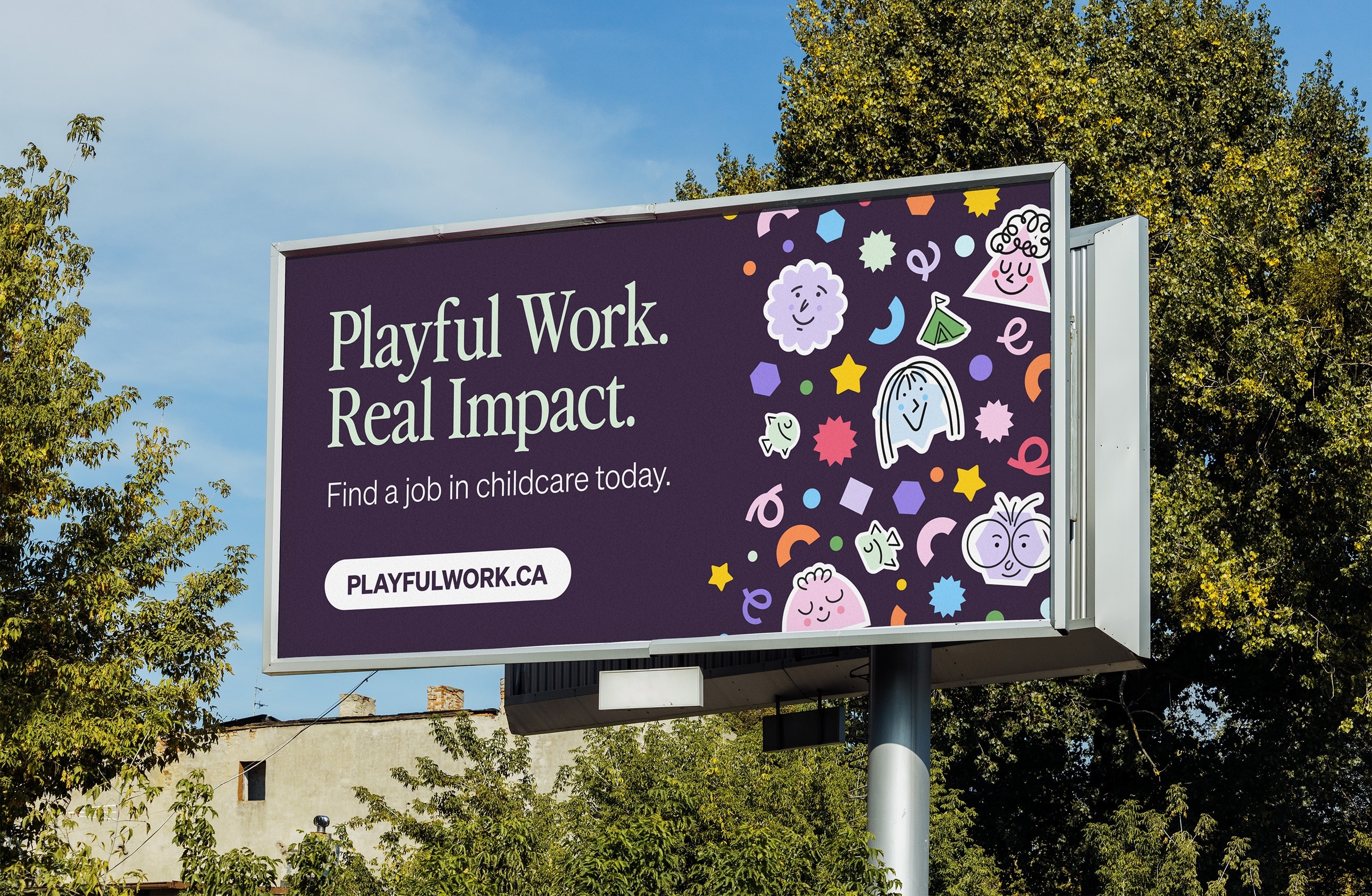 Campaign billboard with branded campaign wordmark and colourful icons