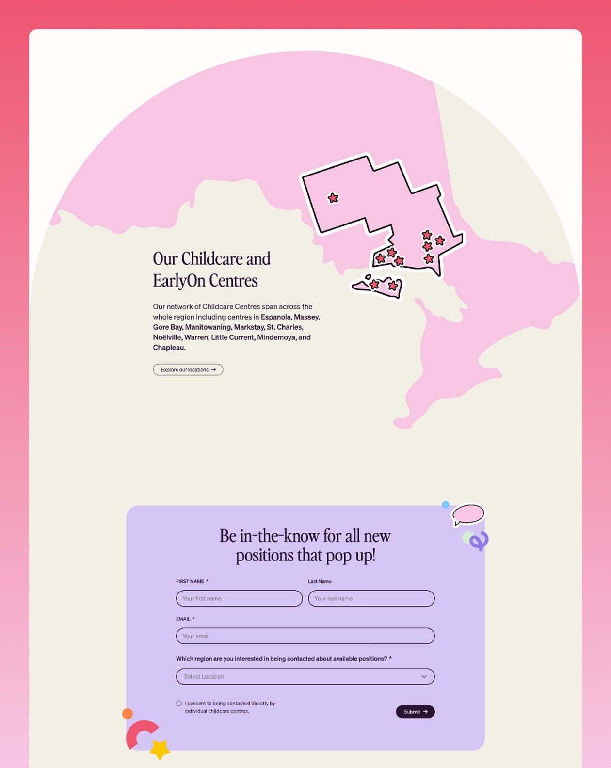 Screenshot from Playful Work website with centre locations animating into map