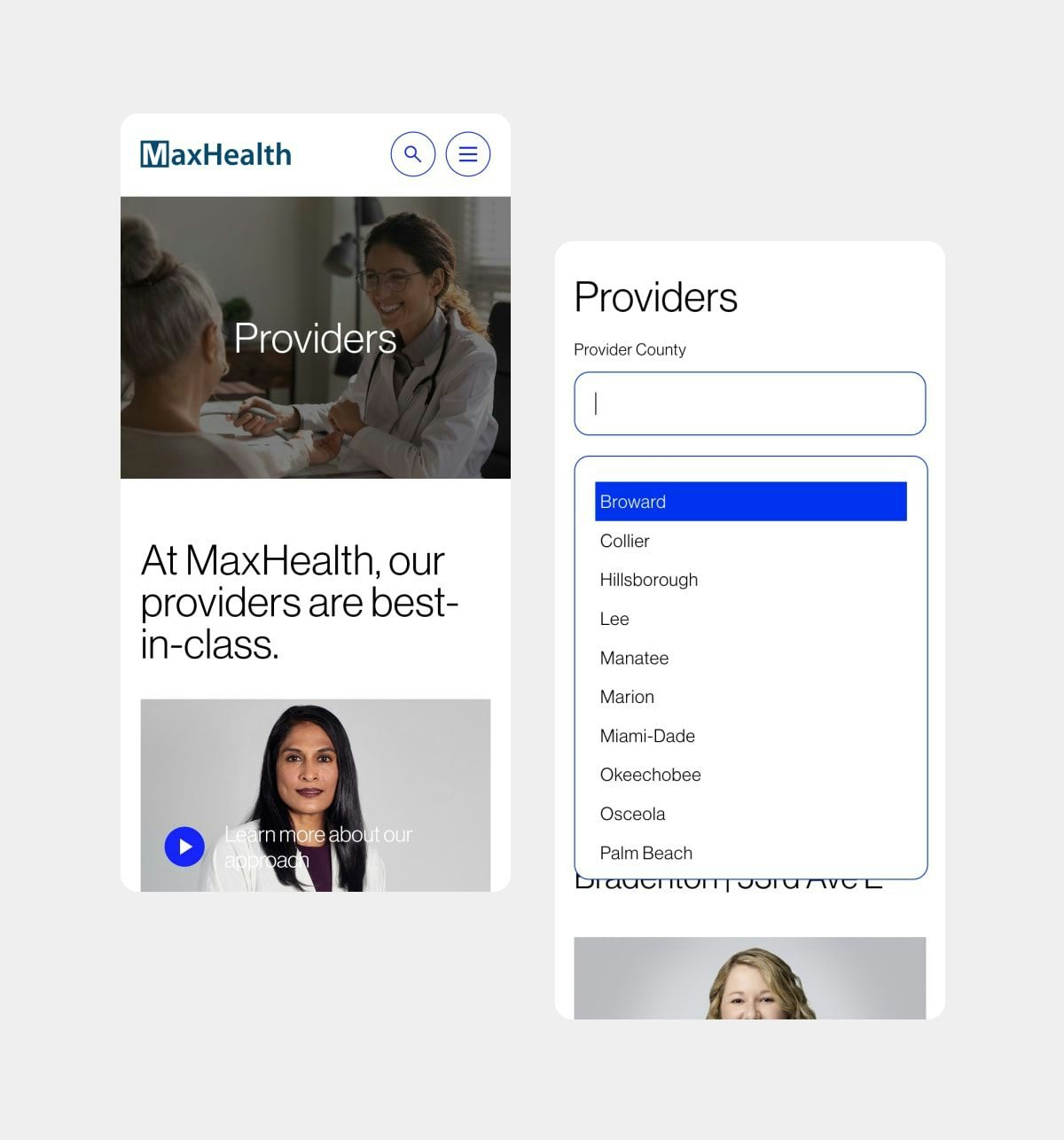 Side by side mobile mockups of Providers page on MaxHealth website