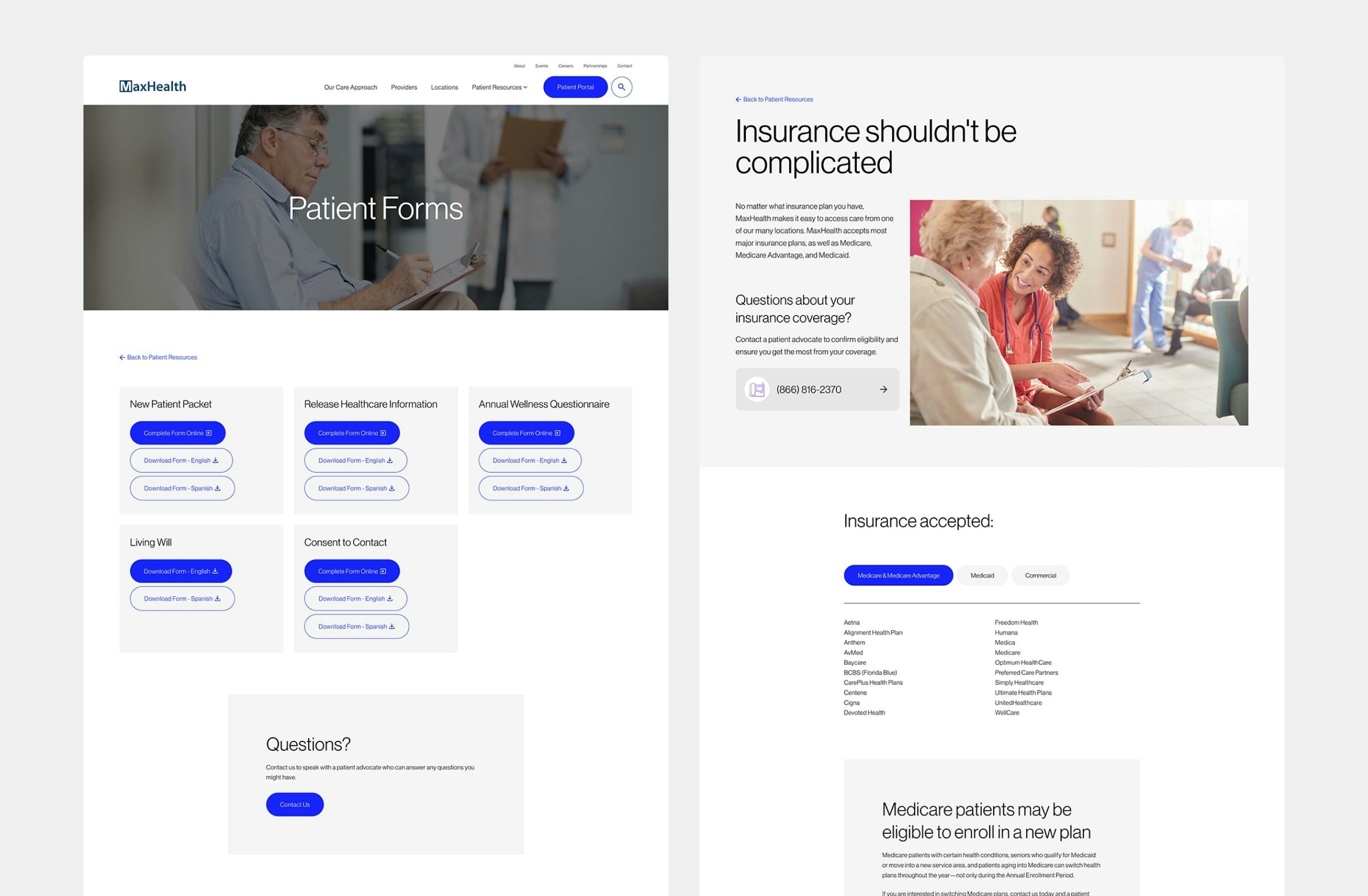 Side by side mockups of MaxHealth's Patient Forms page and Patient Resources sections