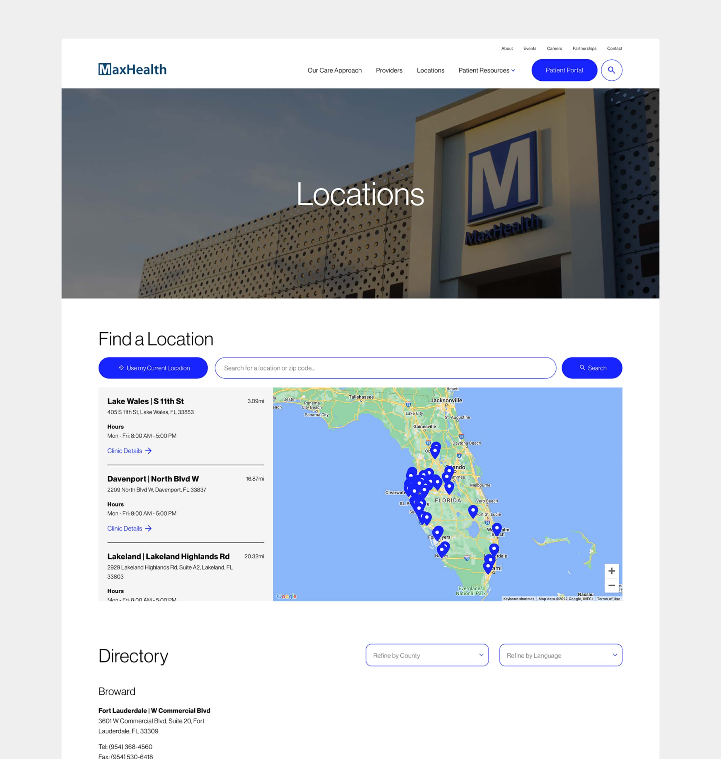 Mockup of MaxHealth's Locations landing page