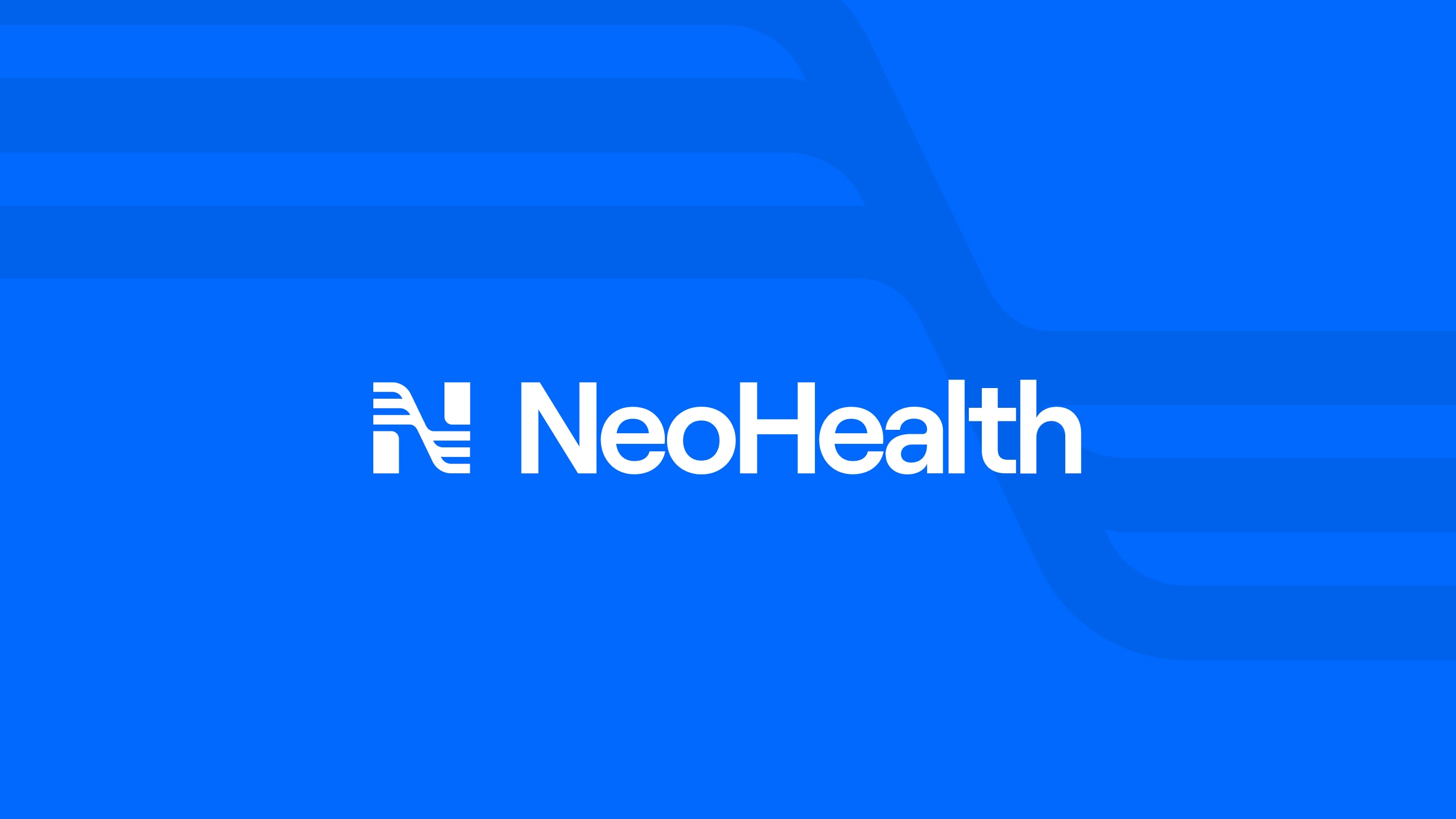 Clean, bold NeoHealth logo on a vibrant blue background. Smooth dark-blue curves communicate connection and care.