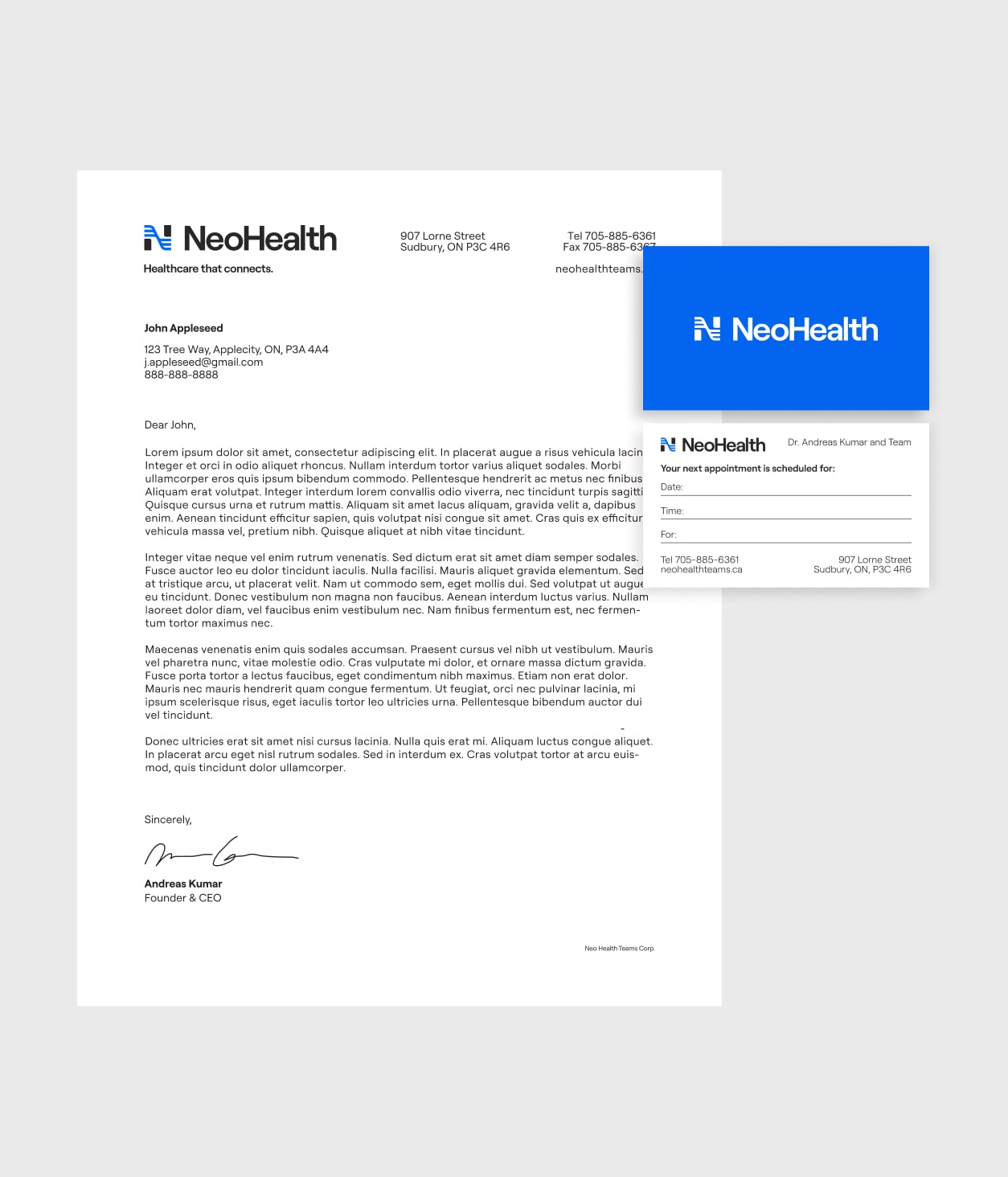 Mockup of NeoHealth branded letterhead and appointment cards