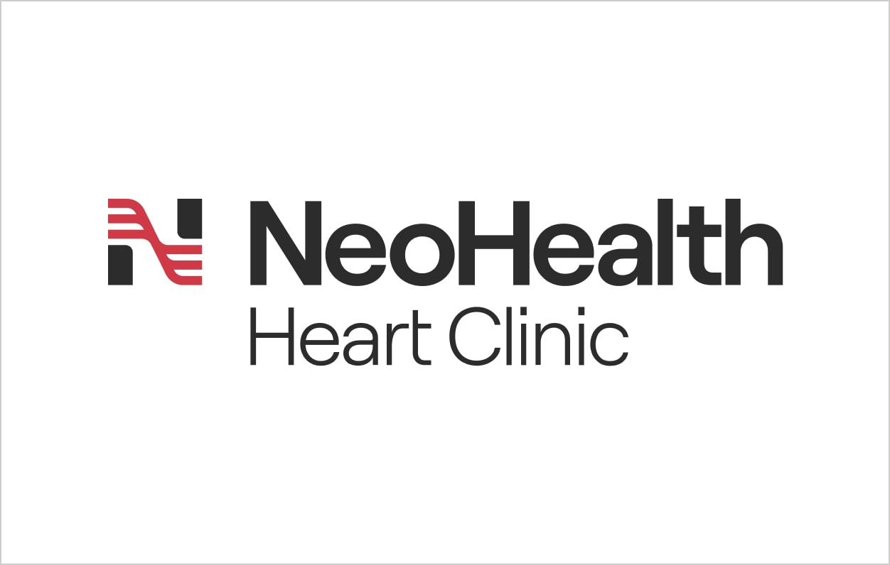 NeoHealth Heart Clinic logo featuring stylized black "N" with three curved red lines, communicating connection and vitality.