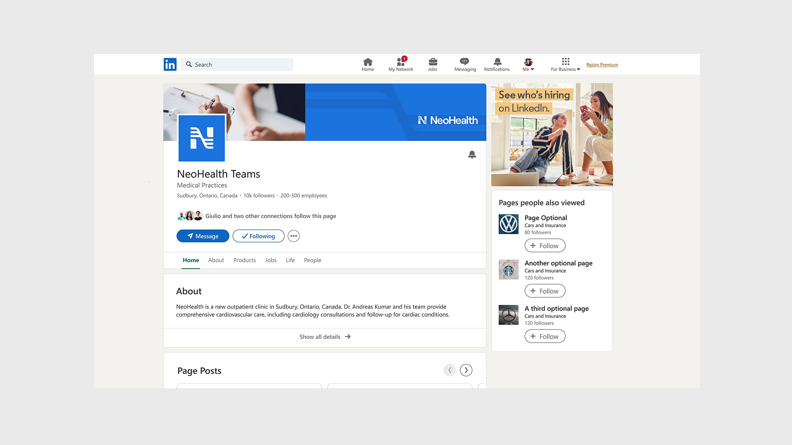 Branded LinkedIn profile for NeoHealth Teams