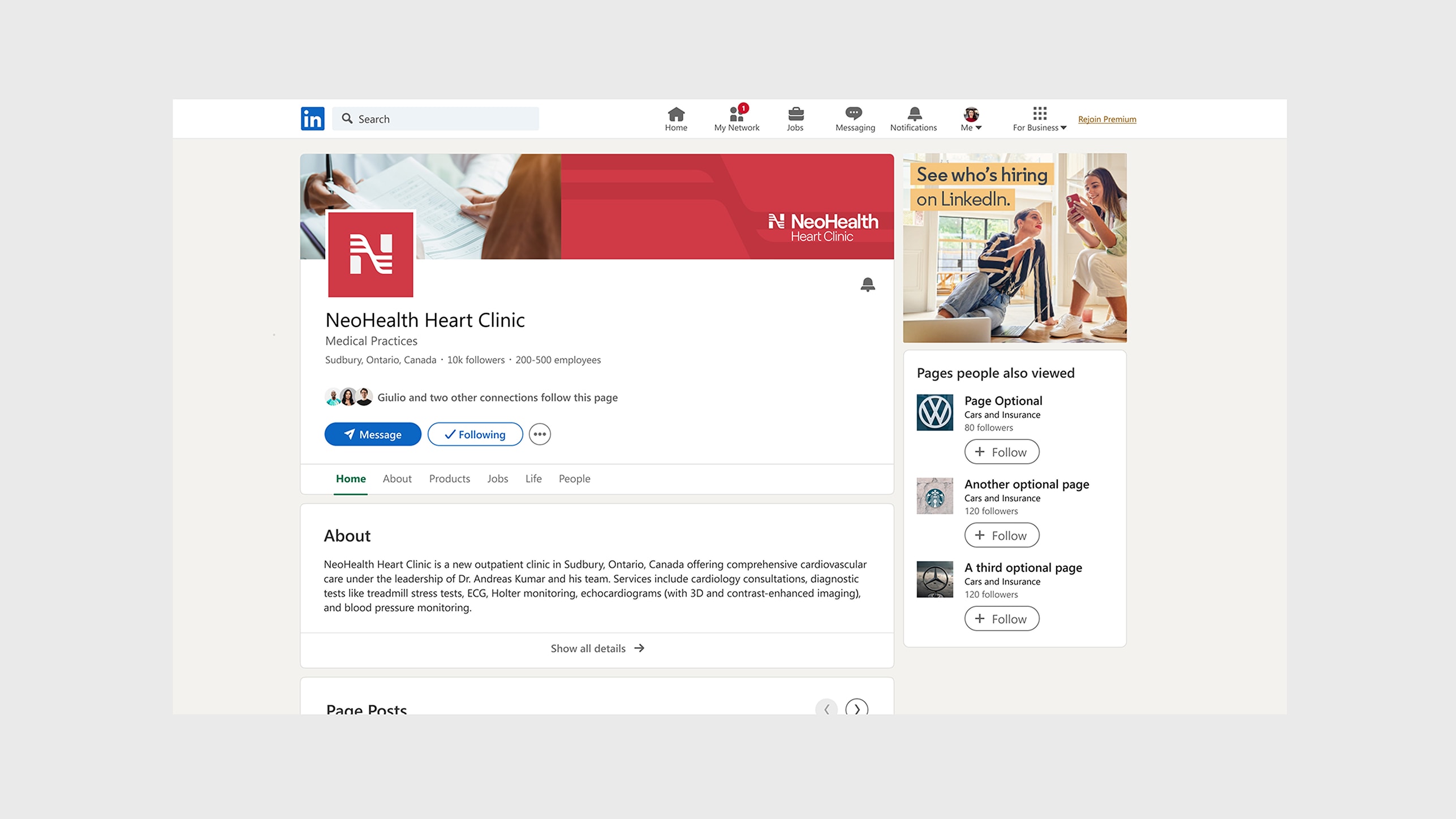 Branded LinkedIn profile with NeoHealth branding