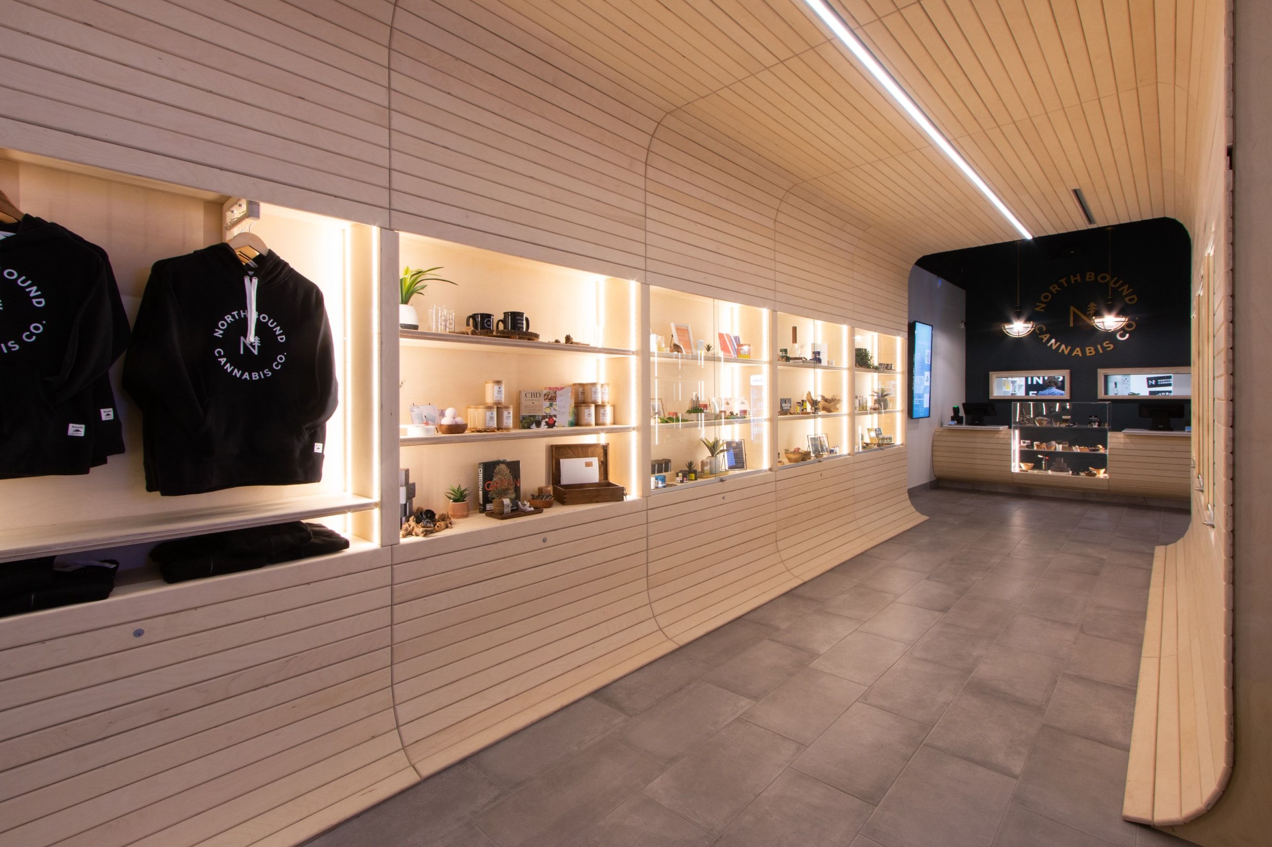 Custom interior and branded front desk area at Northbound Cannabis Co. in Sudbury, Ontario
