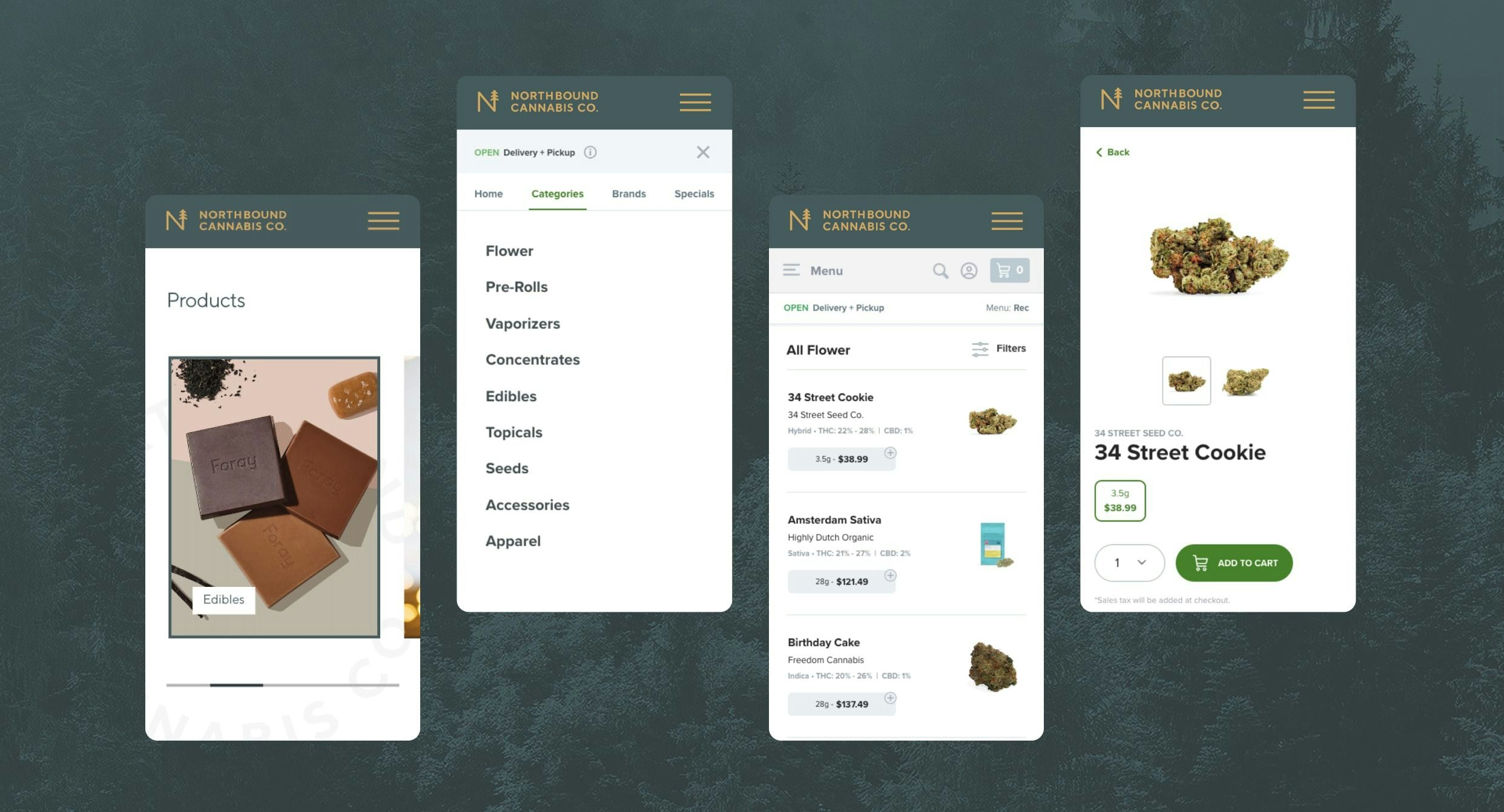 Various mobile mockups of Northbound Cannabis Co.'s Dutchie e-commerce store