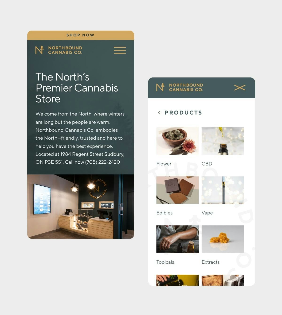 Mobile mockups of Northbound Cannabis Co.'s homepage and e-commerce store