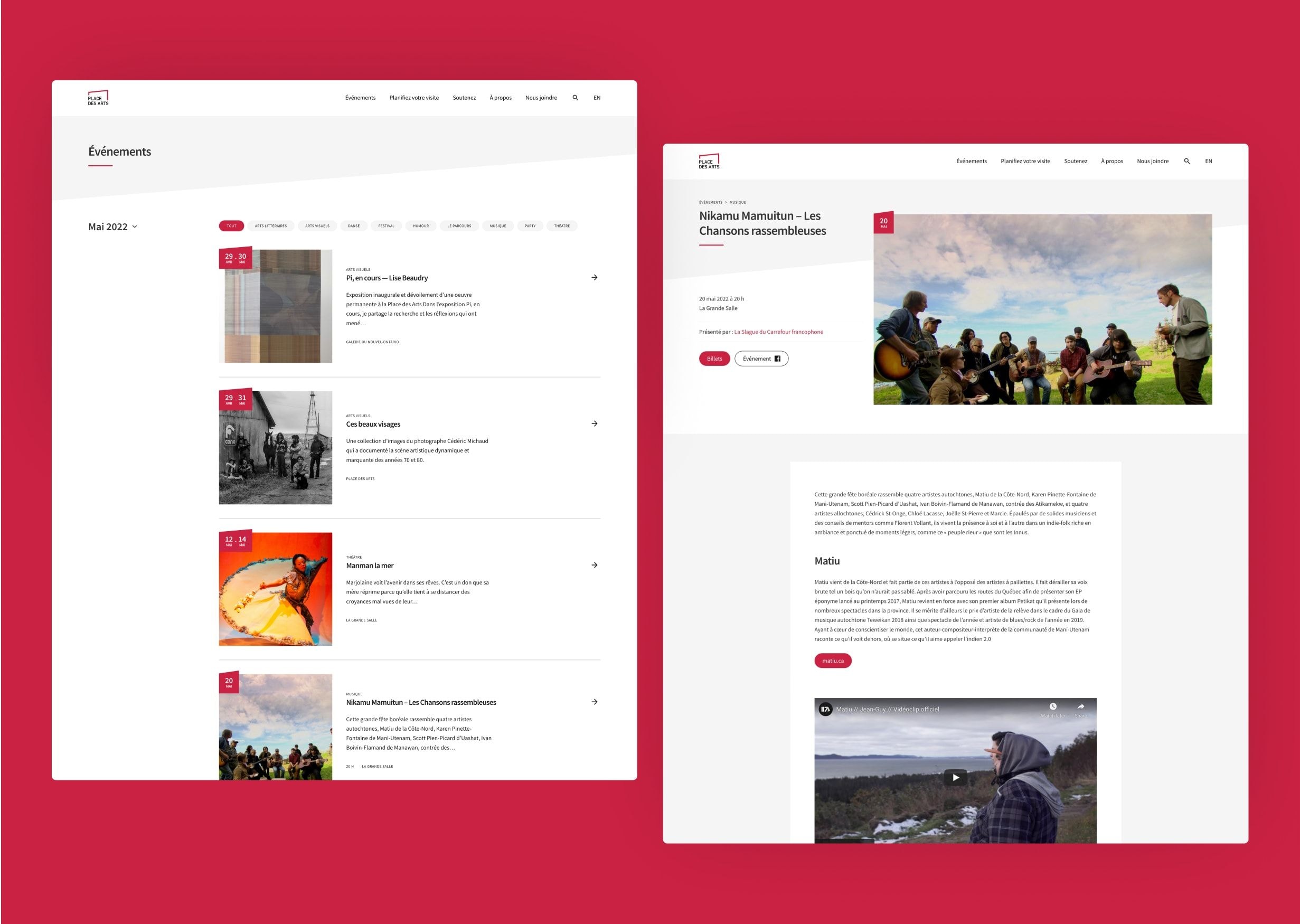 Side by side mockups of the Events landing pages on the Place des Arts website