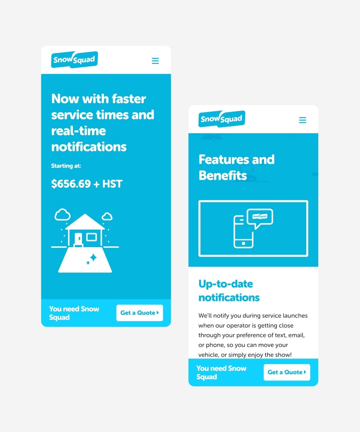 Side by side mockups of the Snow Squad website homepage on mobile devices