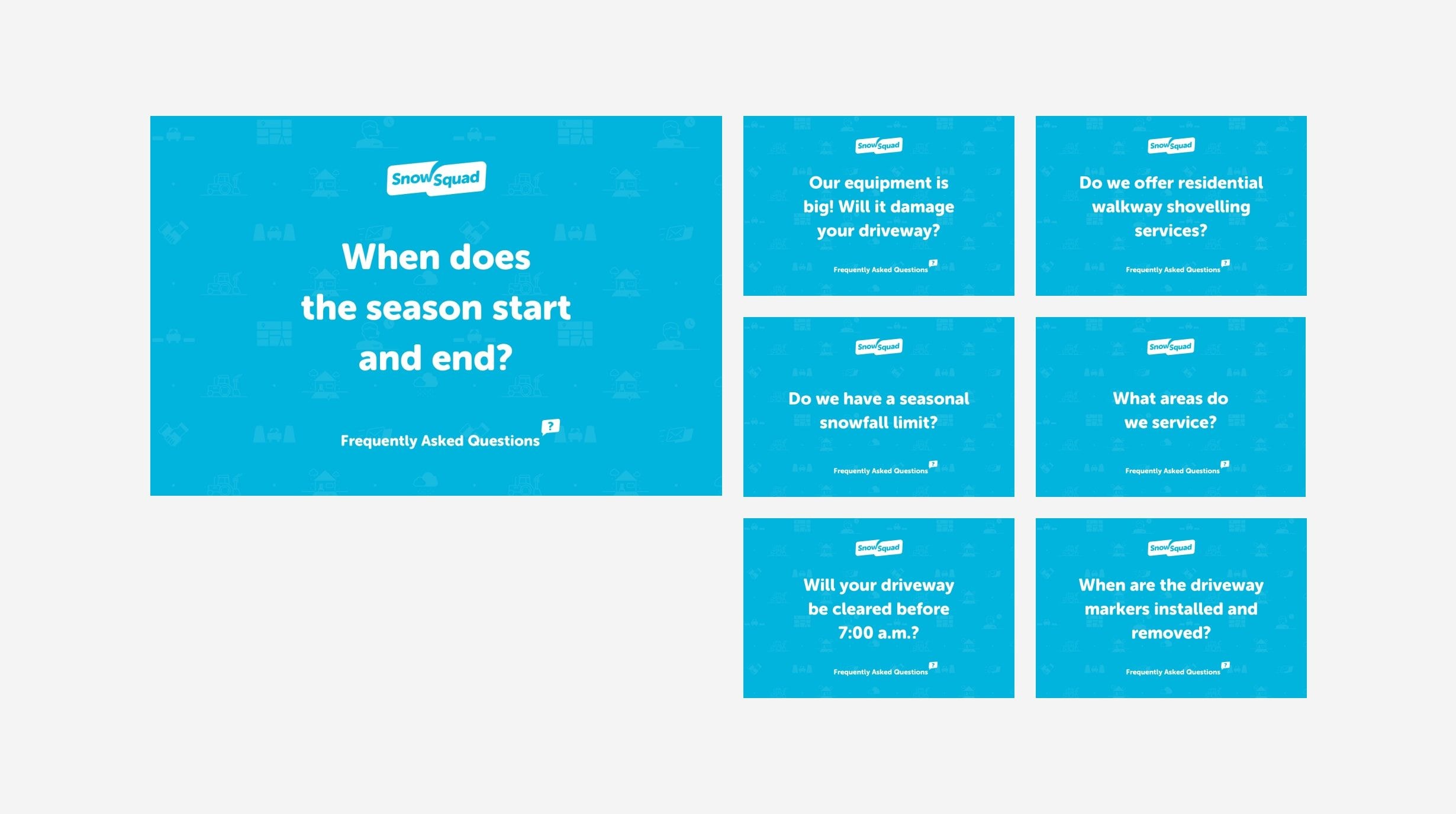 Grid of Snow Squad FAQ posts for social media