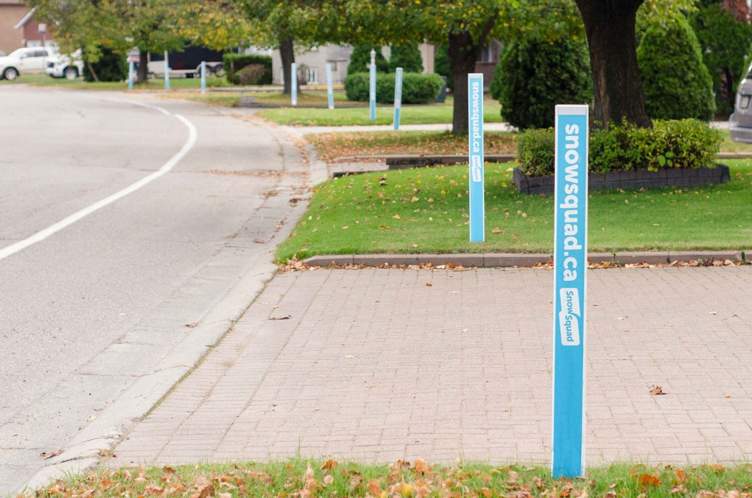 Bright blue Snow Squad driveway markers placed along street