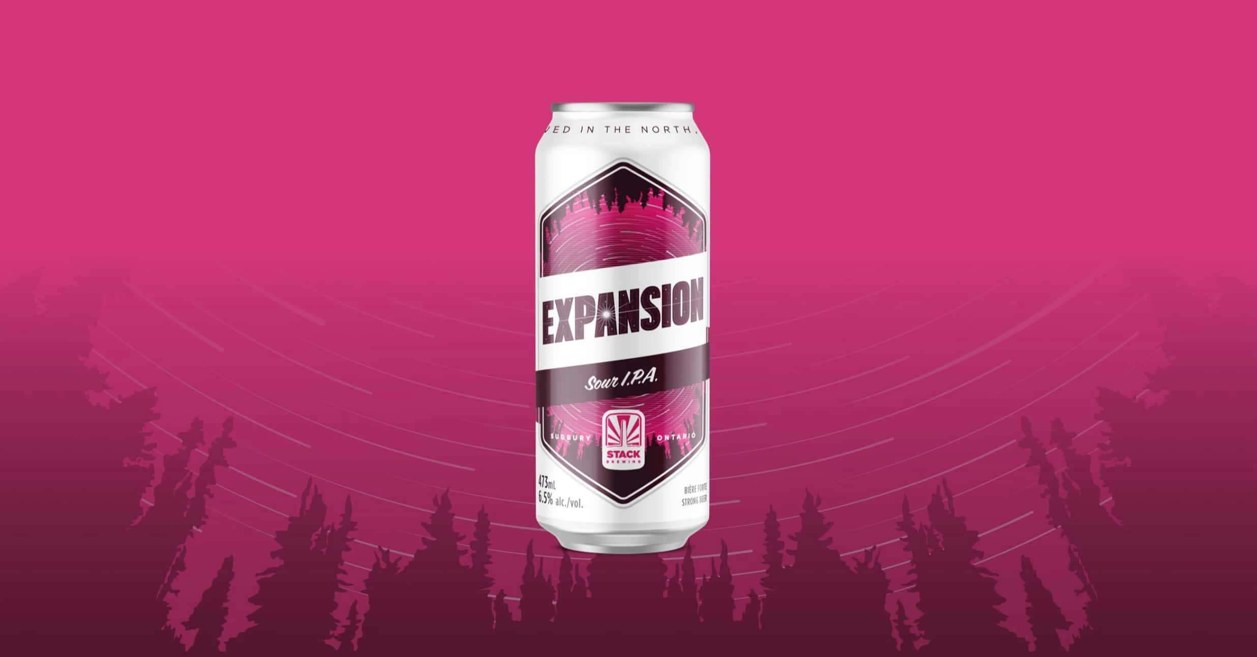 Purple and pink Expansion Stack Brewing can packaging design