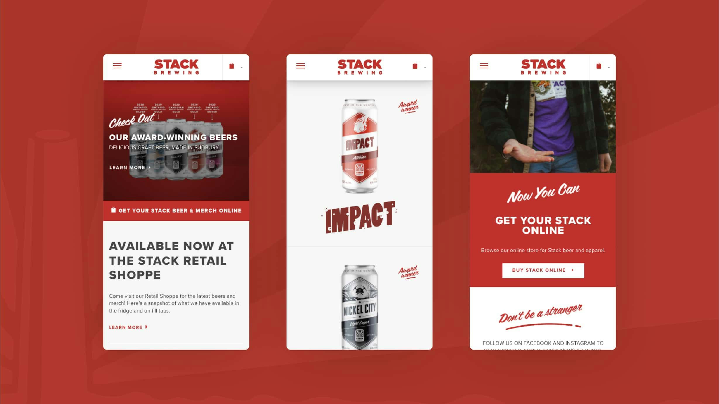 Trio of mobile mockups featuring Stack Brewing website