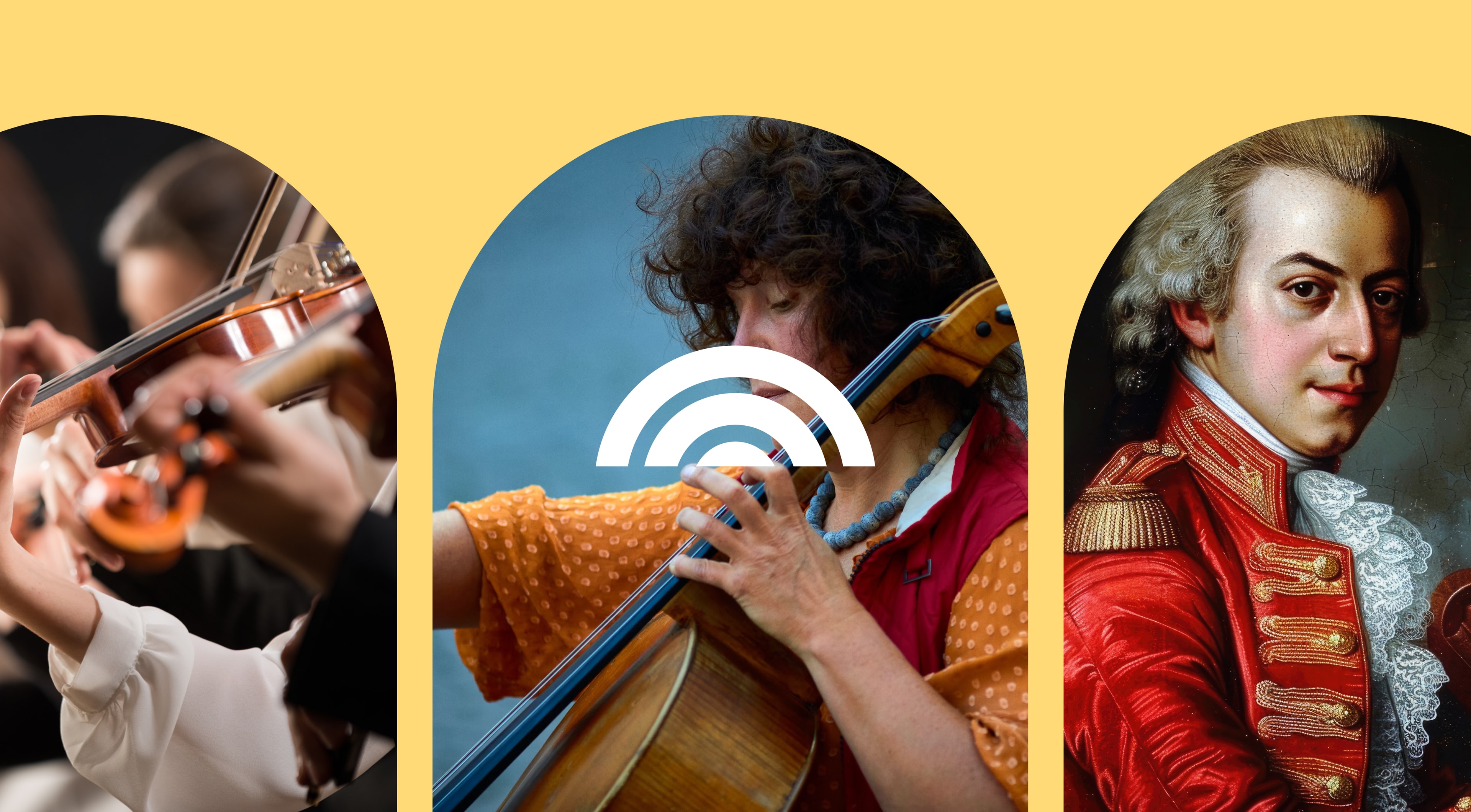 3 images depicting musicians engaged in performance, with the Sudbury Symphony Orchestra logo featured in the design.