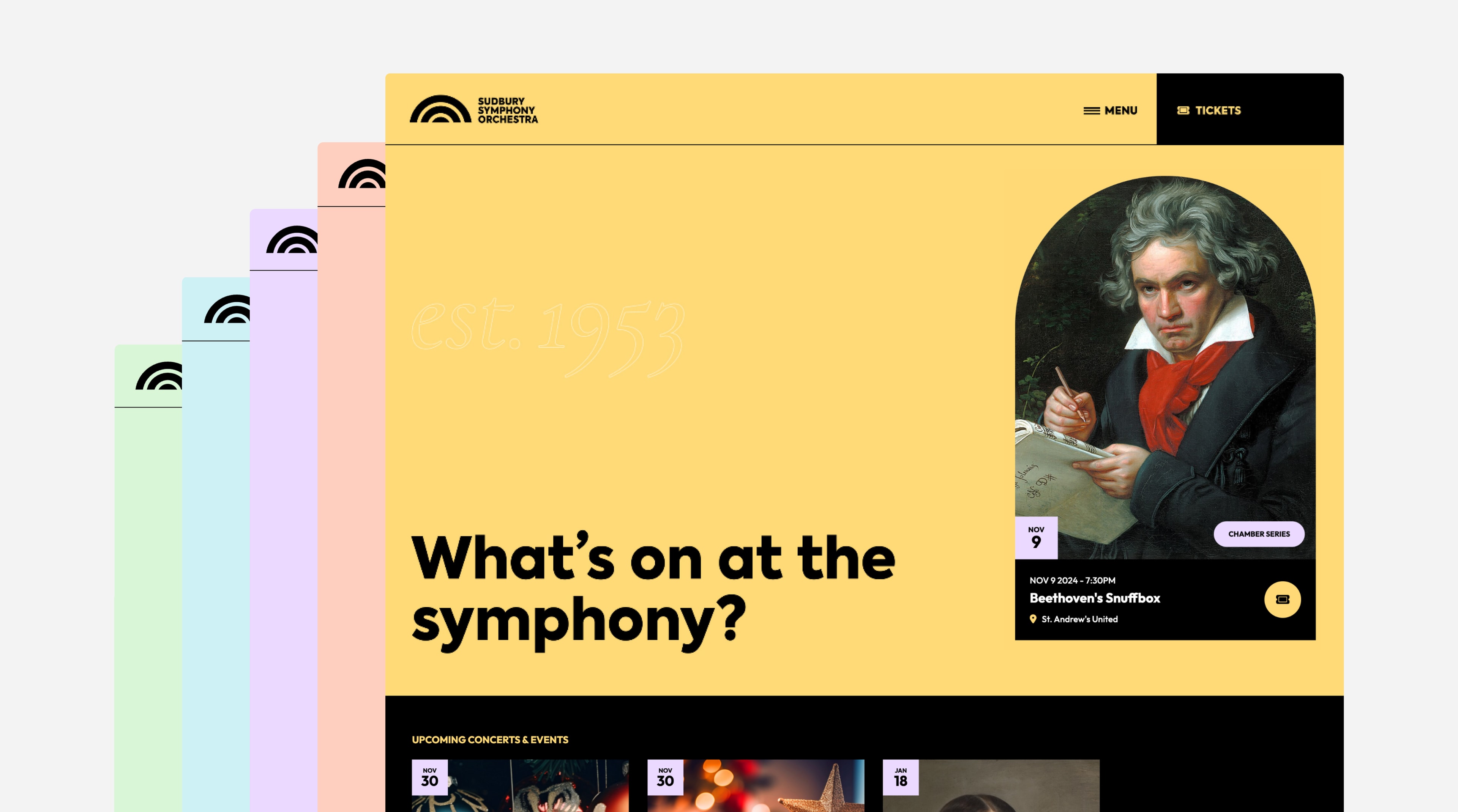 The text describes the Sudbury Symphony Orchestra website interface, featuring the question "What's on at the symphony?" along with various color palettes and possibly a human face.