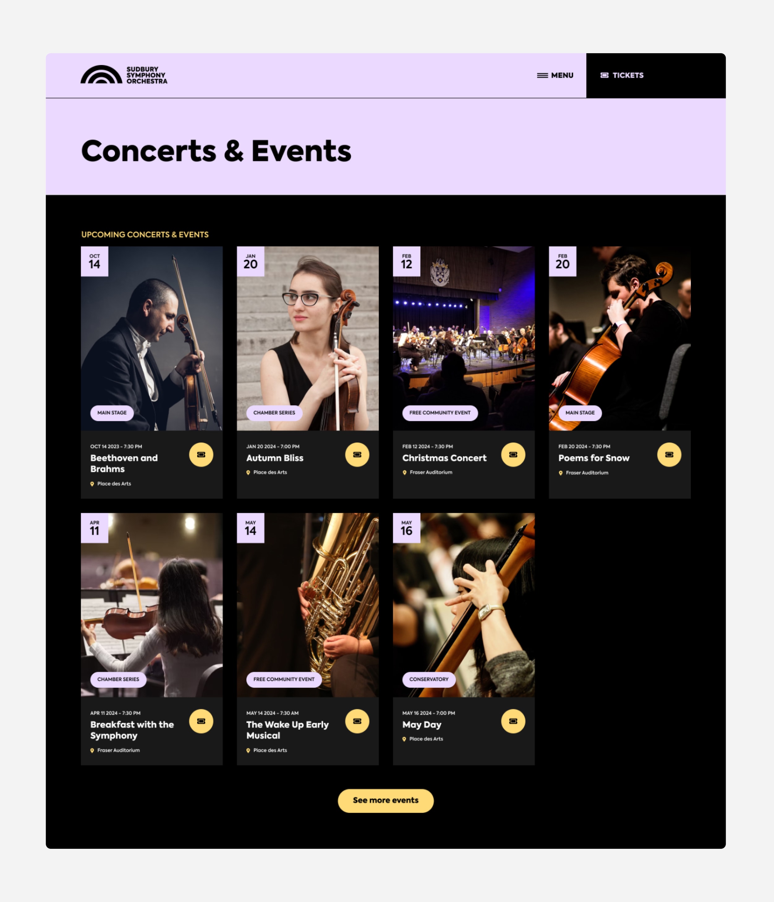 The image shows the Sudbury Symphony Orchestra's website, highlighting upcoming concerts, including a Beethoven-themed Christmas concert and an event called "The Wake Up Barty." The layout uses a multimedia approach to promote the orchestra's activities.