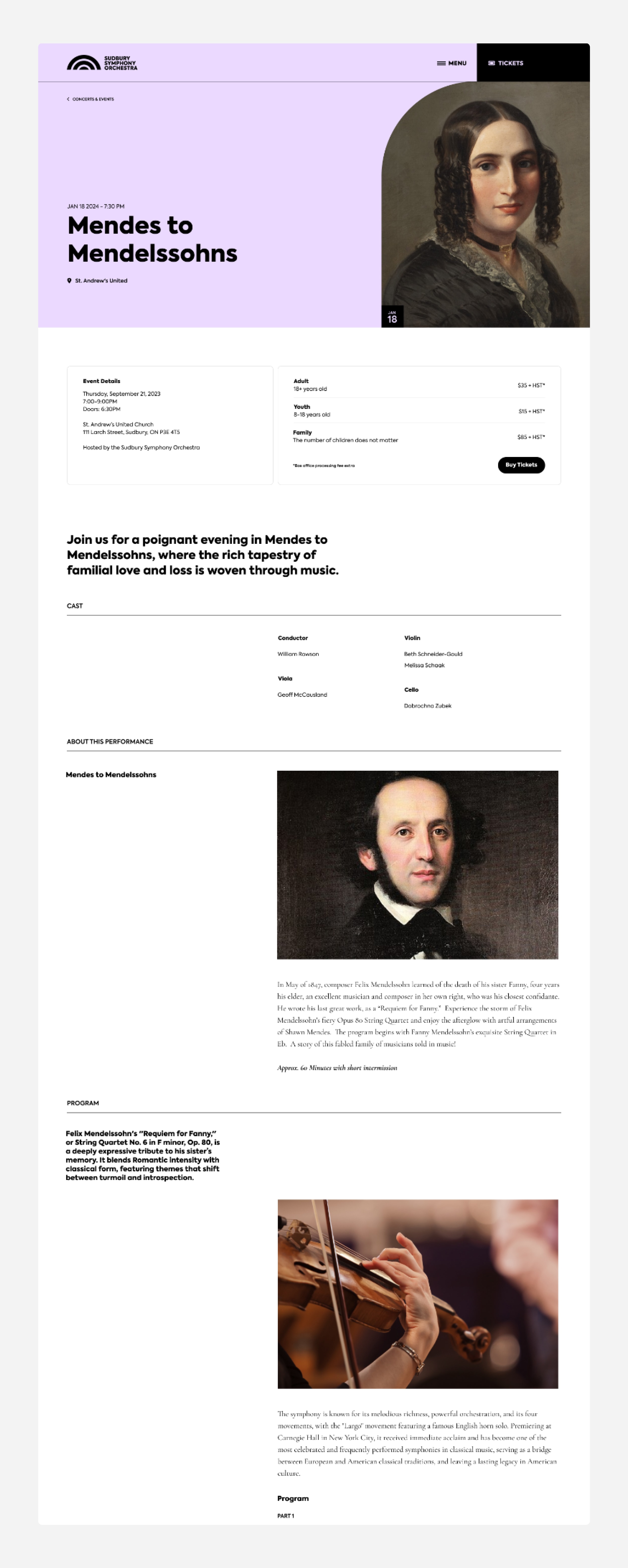 The Sudbury Symphony Orchestra's website showcases the event "Mendes to Mendelssohns," featuring a modern design for easy navigation and musician profiles that highlight their backgrounds and contributions.