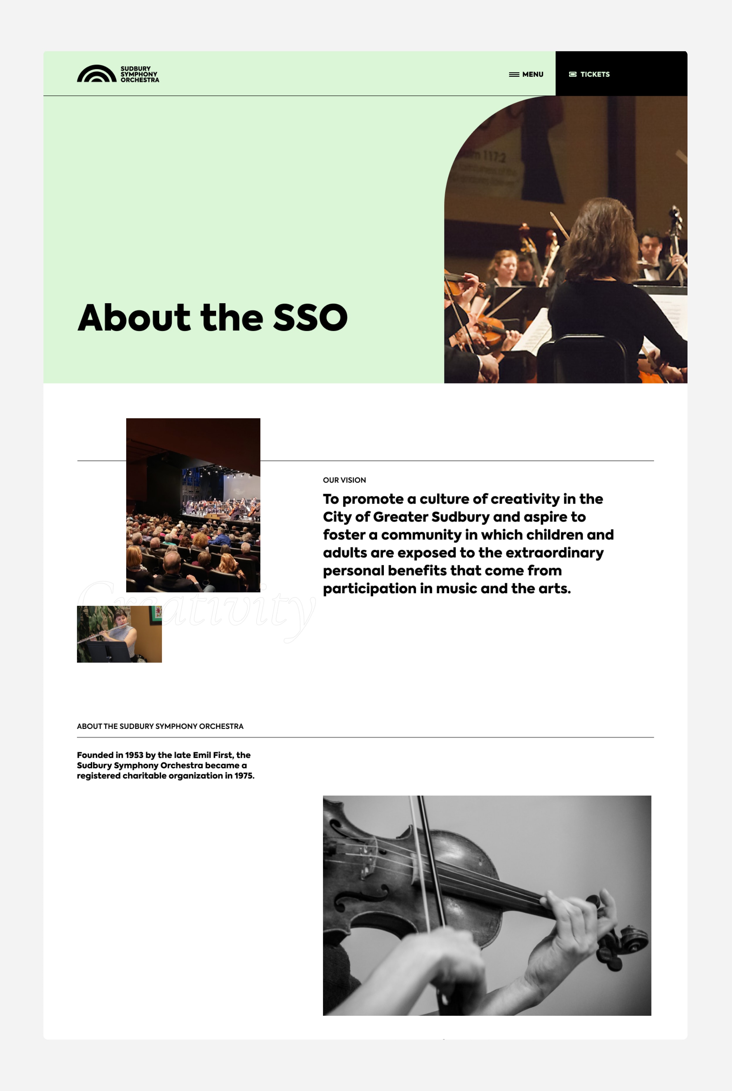 The image refers to the graphical user interface of the Sudbury Symphony Orchestra's website. It promotes a culture of creativity in Greater Sudbury, emphasizing the importance of music and arts participation for both children and adults.