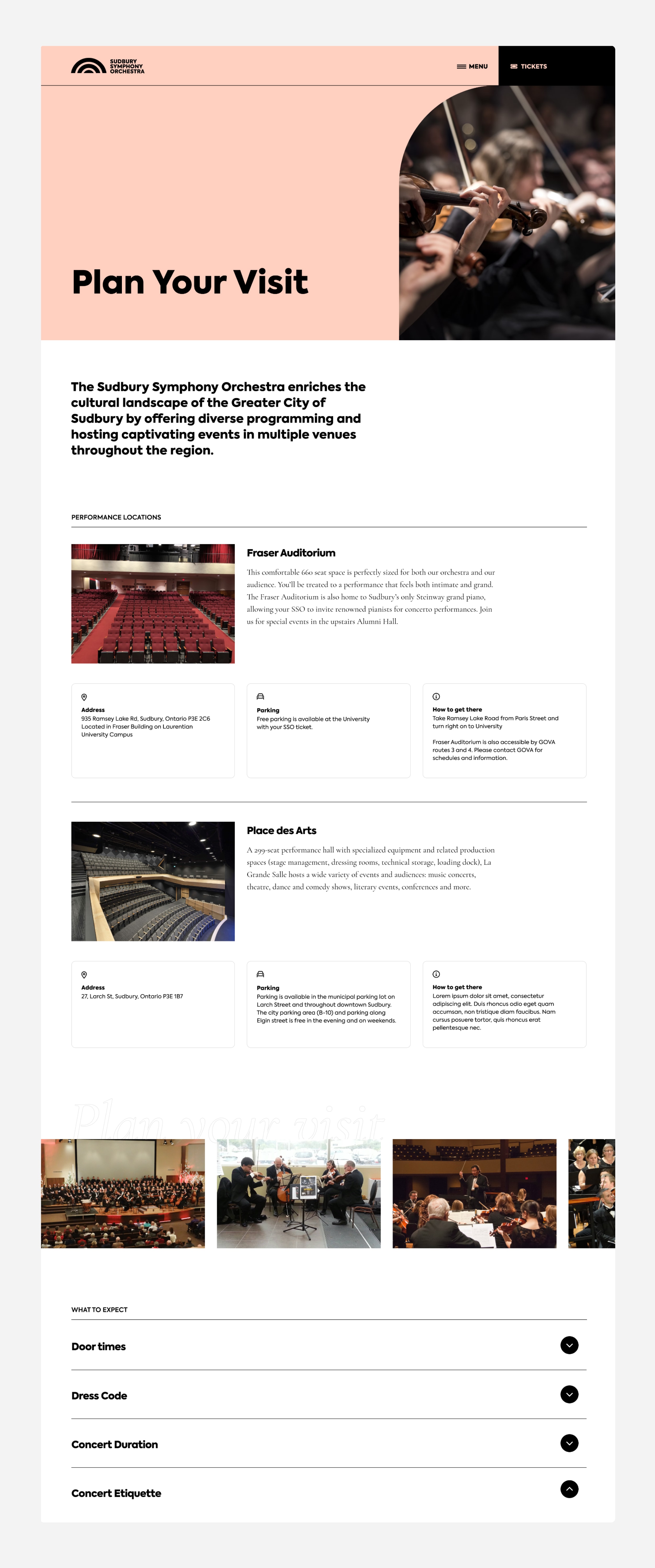 The image features a graphical user interface of an application titled "Plan Your Visit." It likely provides information and options for visitors to engage with the Sudbury Symphony Orchestra.