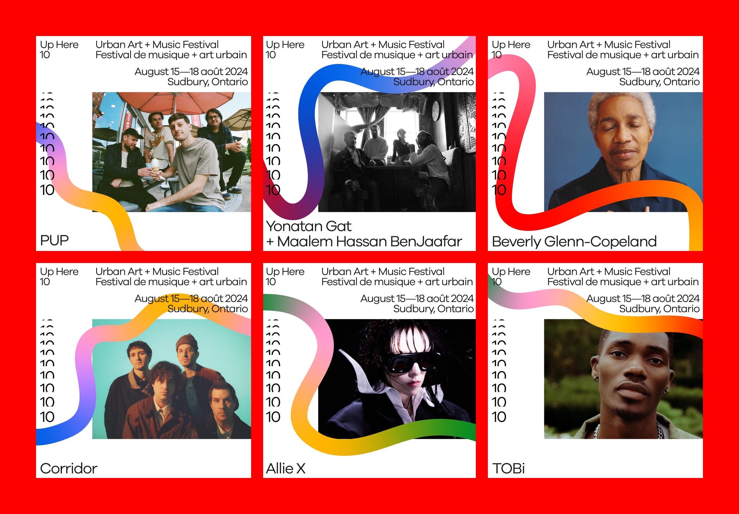 Graphic mockup showing various Up Here 10 artist ads.