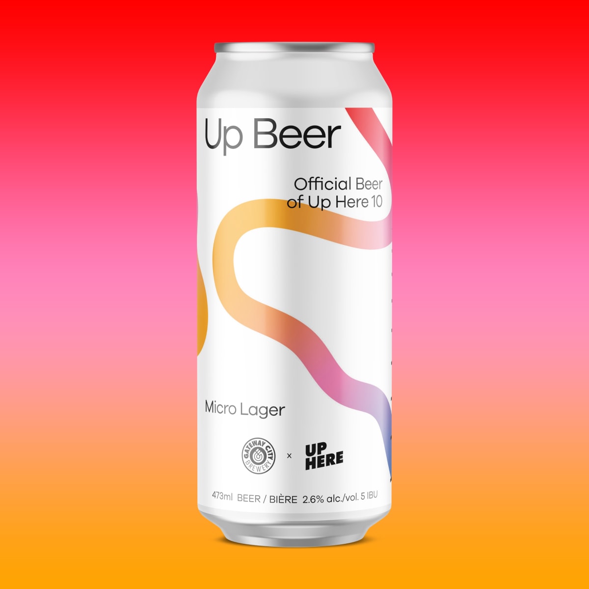 Up Here 10 Up Beer can label design mockup.